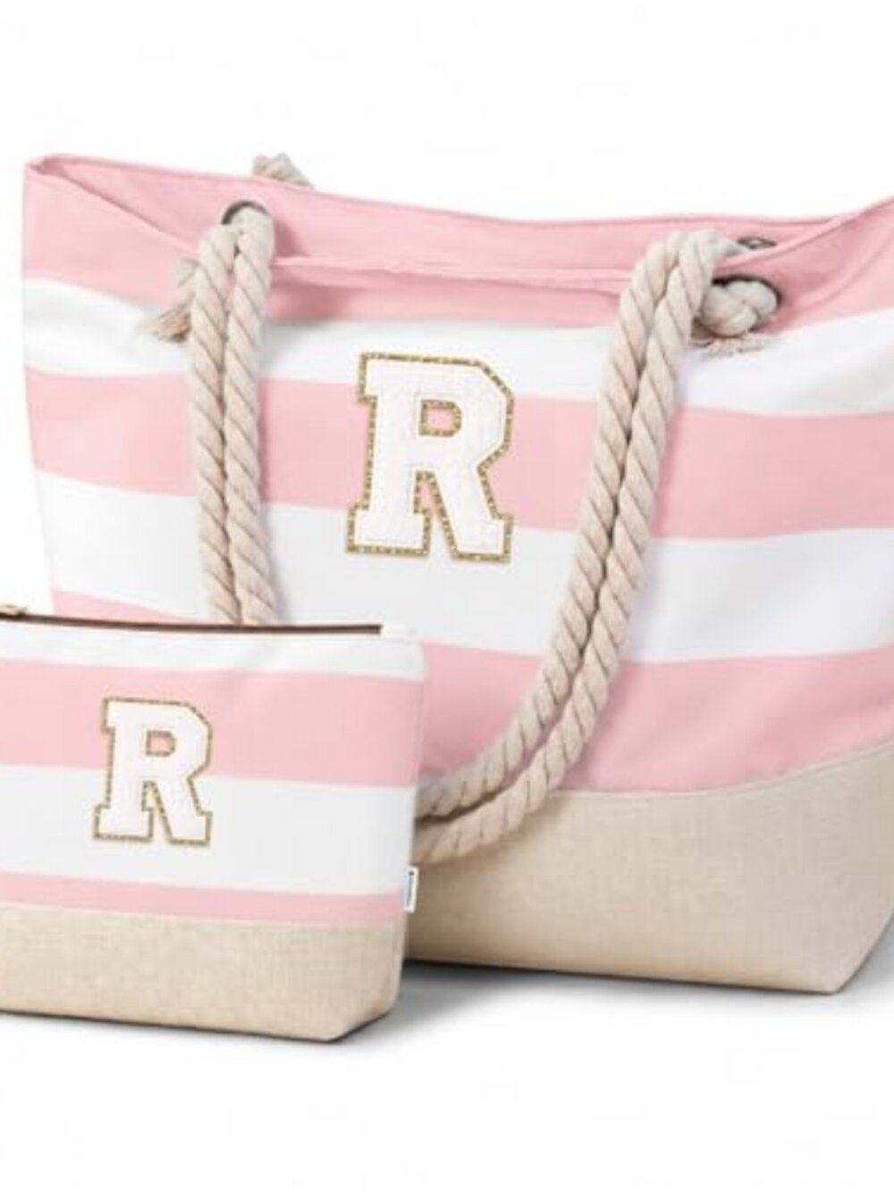 Water-Resistant Striped Beach Tote Bag with Embroidered Initials & Matching